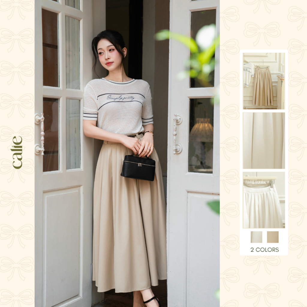 Chân váy dài dáng xòe kèm belt, form basic chất liệu kaki lụa cao cấp thời trang nữ Calie CX065