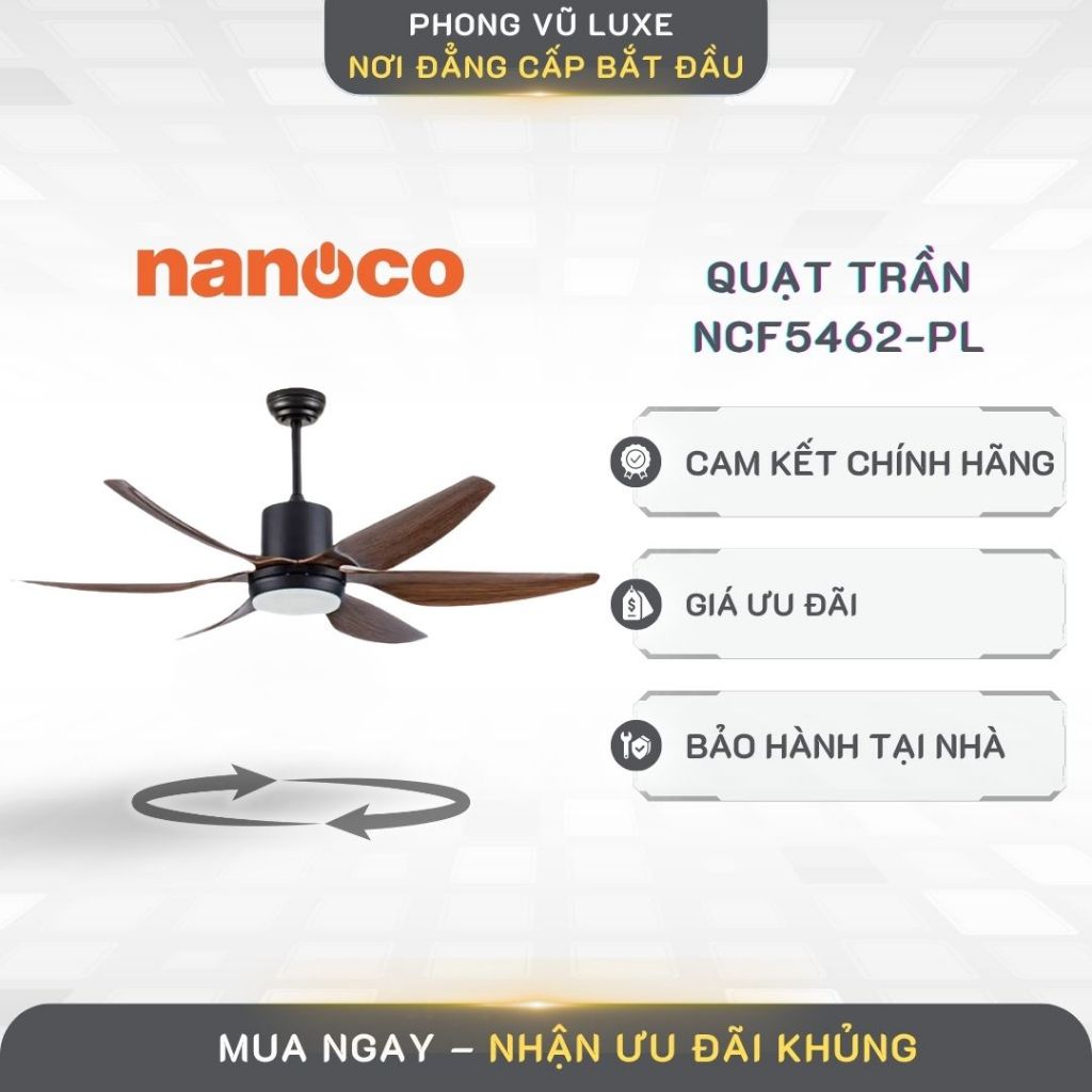 Quạt Trần Nanoco NCF5462-PL – 6 Cánh, Động Cơ DC Êm Ái, Remote Tiện Dụng