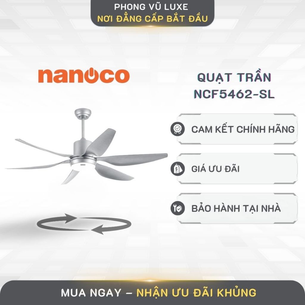 Quạt Trần Nanoco NCF5462-SL – 6 Cánh Màu Bạc, Động Cơ DC, kèm Remote