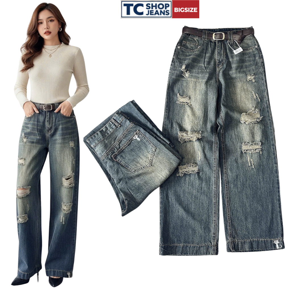 Quần Jean Ống Rộng Phối Rách Nhiều Thêu Mèo TC SHOP JEANS BIGSIZE 55kg-90kg Chất Jean Qc Mềm Mã 390