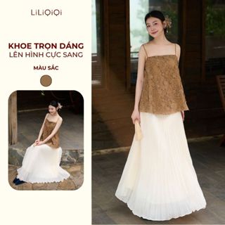  Set váy nữ sang chảnh dáng dài xếp li mix  áo 2 dây ren dệt hoa nổi Đan Hạ LiLiQiQi By LeeGi-AV877 