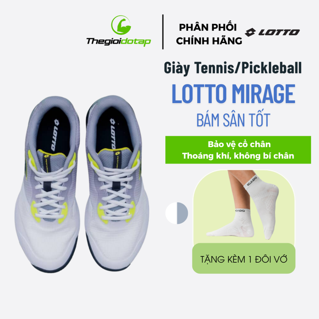 [TẶNG VỚ] Giày Lotto EDUARDO Giày Thể Thao Pickleball Tennis Form Bảo Vệ Cổ Chân thegioidotap