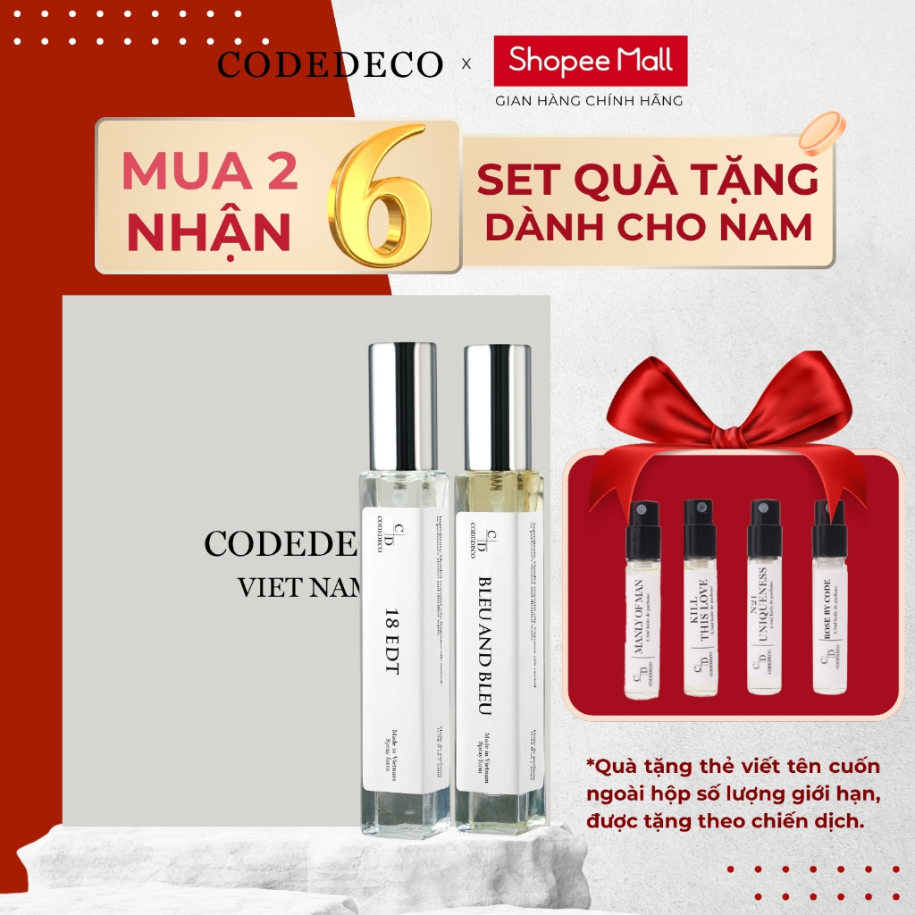 [SET QUÀ DÀNH CHO NAM] 02 chai tinh dầu nước hoa CODEDECO 10ml dạng xịt + 4 vial 2.5ml mùi ngẫu nhiên