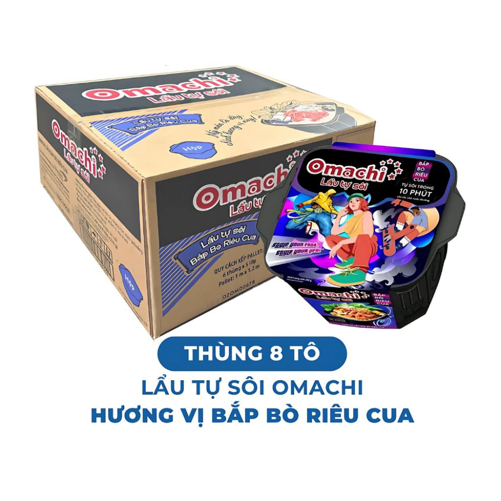1 Thùng 8 Hộp Lẩu Tự Sôi Omachi Vị Bắp Bò Riêu Cua 300g - DATE 2026