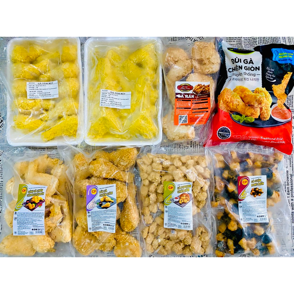 Cánh gà, đùi gà, gà nugget vòng, gà cuộn rong biển chiên giòn