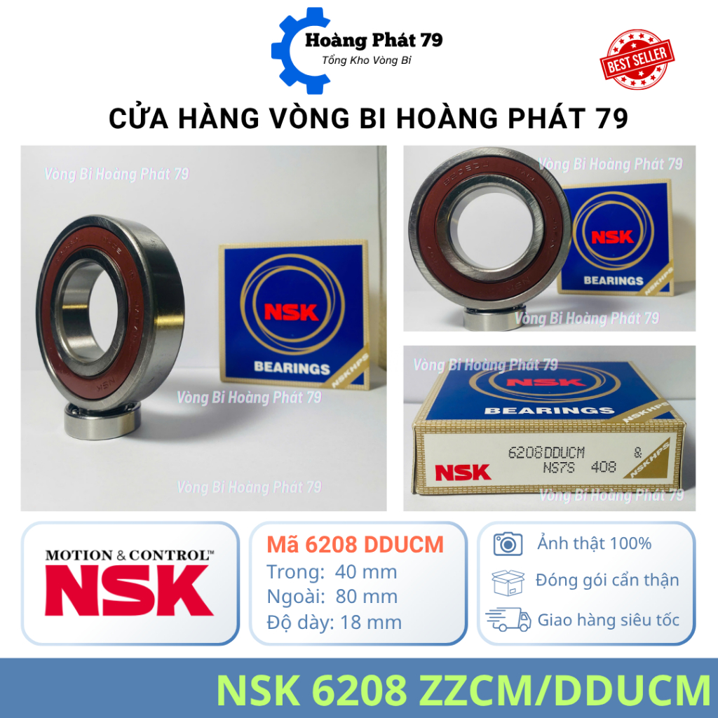 | CHÍNH HÃNG | Vòng Bi NSK 6208 [ZZ/2RS] Nắp Sắt/Nhựa – Bạc Đạn 6208 Chống Bụi, Motor Công Nghiệp – 