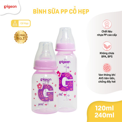 Bình sữa Pigeon cổ hẹp PP núm ti siêu mềm chống đầy hơi cho bé sơ sinh chính hãng (HSD:10/2026)