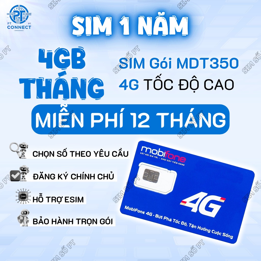 Sim 1 Năm 4GB/Tháng Tốc độ cao Mobifone – MDT350 – Chỉ Dùng Internet – Không nghe gọi