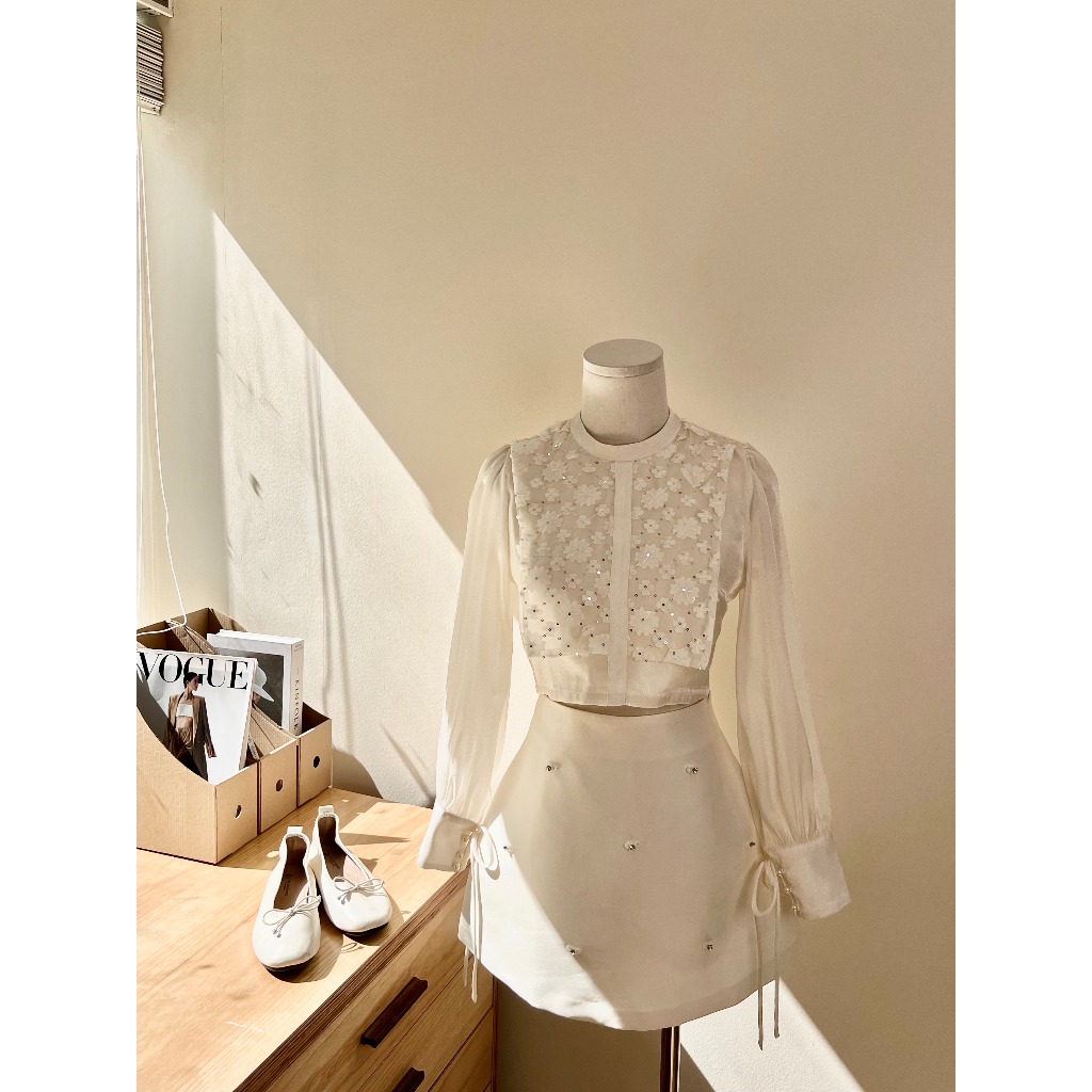 ZAMY SHOP - Sơ mi thiết kế crop phối tơ thanh lịch, nữ tính