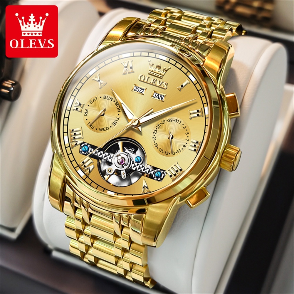 OLEVS Đồng hồ cơ Nam Chính hãng dây đeo bằng thép không gỉ Lịch Quà Chống nước Đa chức năng 6607