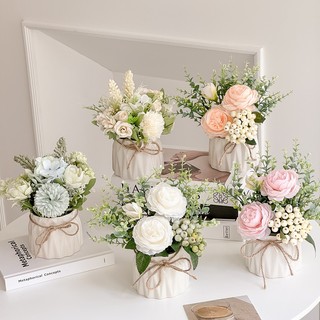 Bình hoa giả cắm sẵn để bàn, chậu hoa giả decor trang trí phòng khách, kệ tivi, phòng ngủ, shop,..