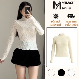  Áo Ren Lưới Cổ Cao Họa Tiết  MILASU Áo nữ Dài Tay Ôm Body Mềm Mại 348 