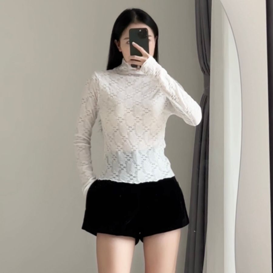 Áo Ren Lưới Cổ Cao Họa Tiết  MILASU Áo nữ Dài Tay Ôm Body Mềm Mại 348 | BigBuy360 - bigbuy360.vn