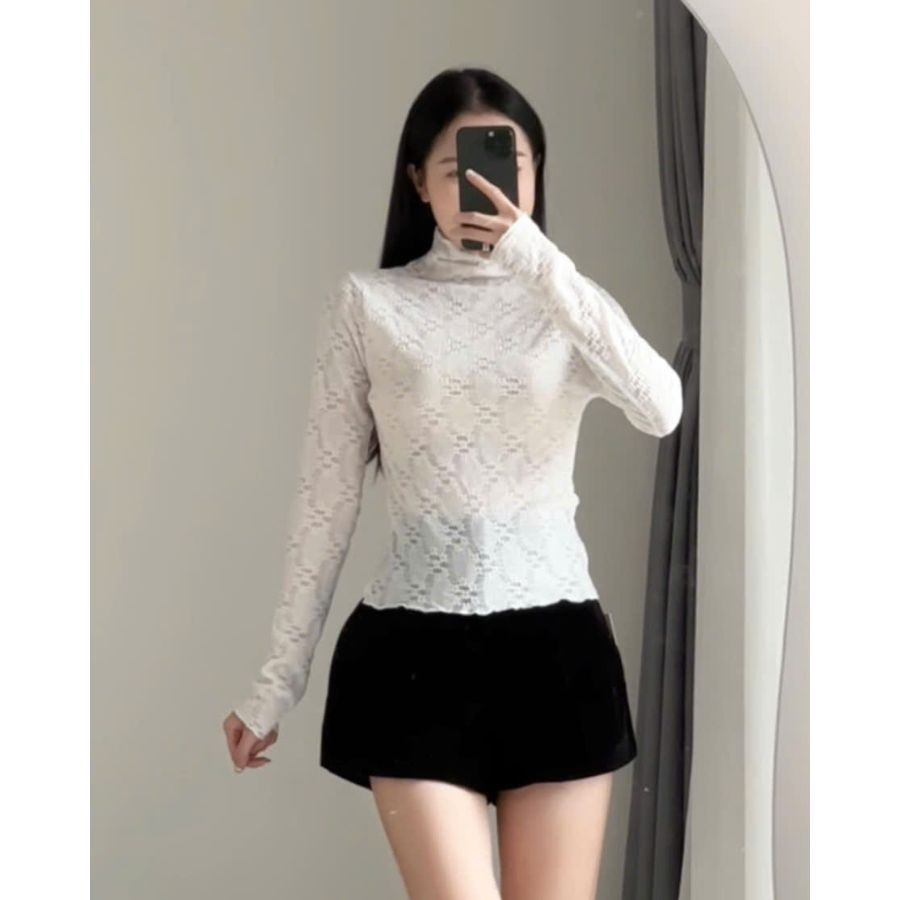 Áo Ren Lưới Cổ Cao Họa Tiết  MILASU Áo nữ Dài Tay Ôm Body Mềm Mại 348 | BigBuy360 - bigbuy360.vn