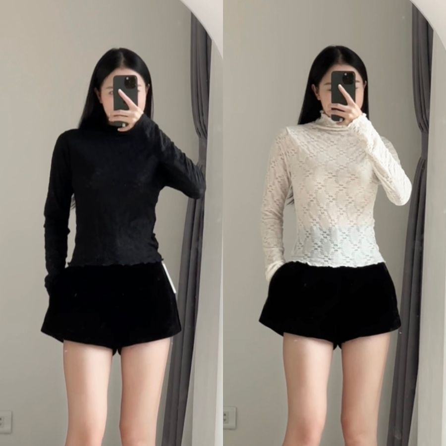 Áo Ren Lưới Cổ Cao Họa Tiết  MILASU Áo nữ Dài Tay Ôm Body Mềm Mại 348 | BigBuy360 - bigbuy360.vn