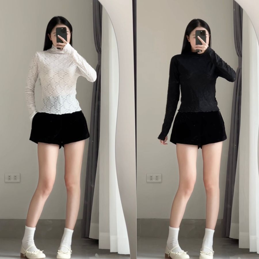 Áo Ren Lưới Cổ Cao Họa Tiết  MILASU Áo nữ Dài Tay Ôm Body Mềm Mại 348 | BigBuy360 - bigbuy360.vn