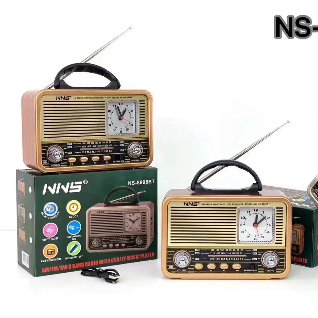 Loa Bluetooth NS8898BT mới, Loa không dây di động có khe cắm thẻ nhớ, Thiết kế gỗ cổ điển, Radio gia