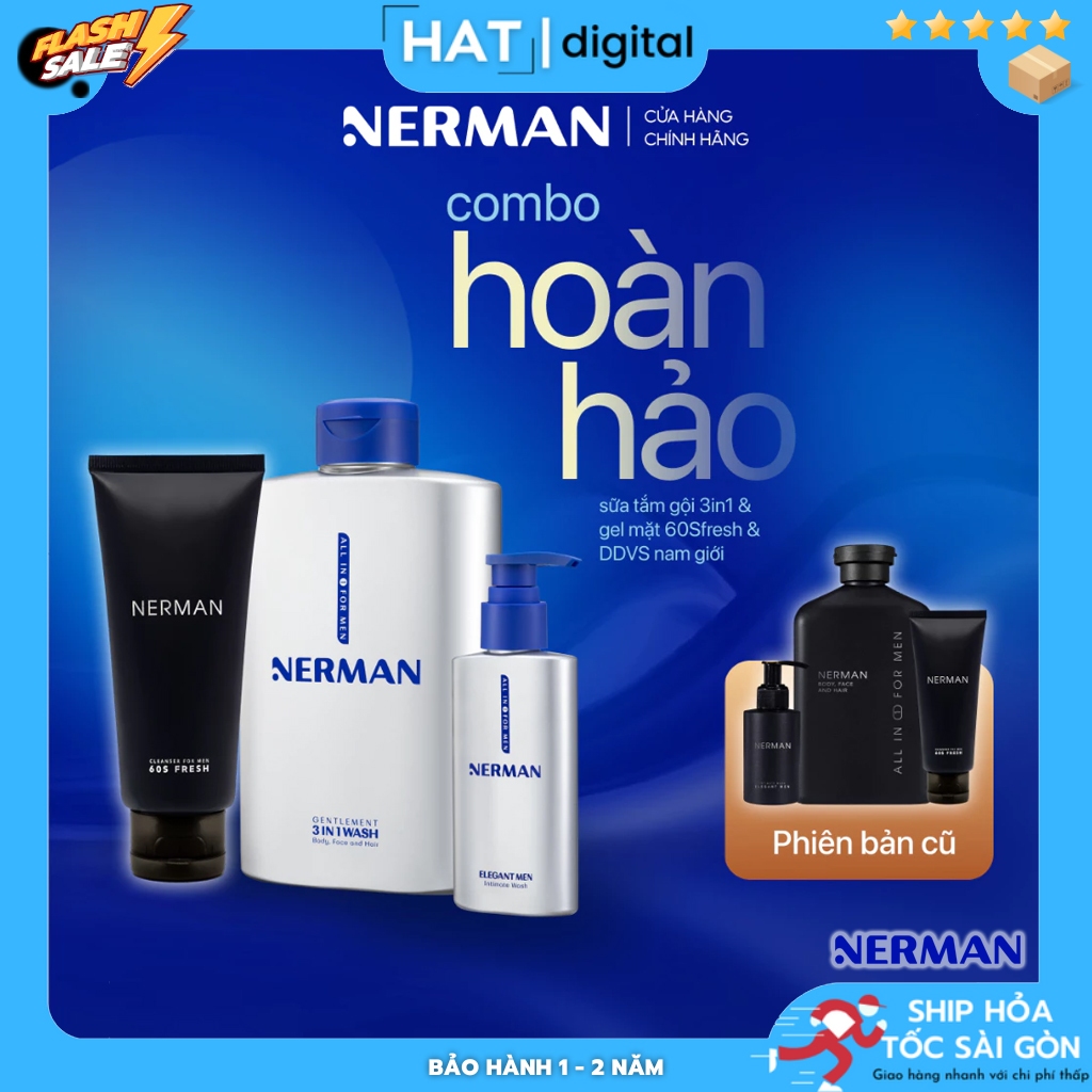 Combo Hoàn Hảo Nerman - Sữa Tắm Gội Cho Nam 350ml & Gel Rửa Mặt 60S Fresh 100ml & DDVS Nam Giới 100m