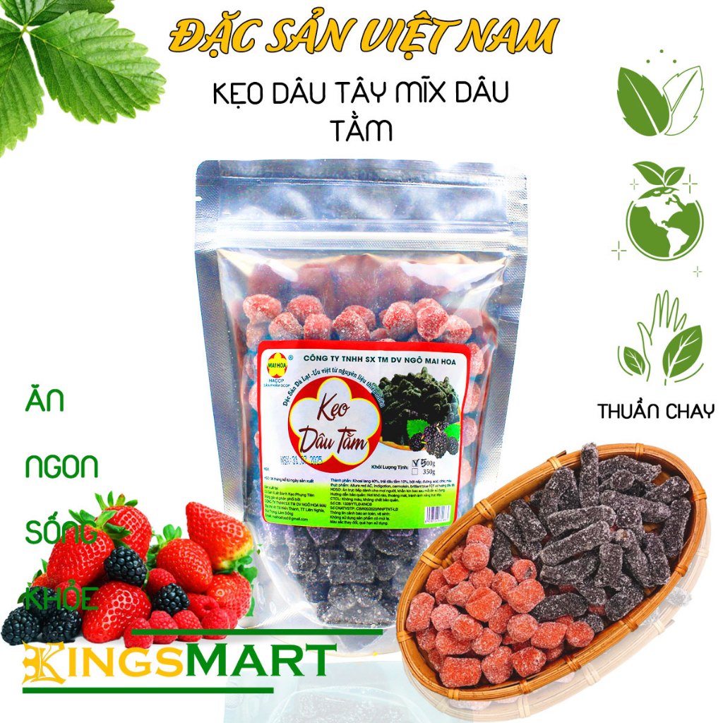 [Thuần chay] - Kẹo dâu tây mix dâu tằm Đà Lạt - Thương hiệu NGÔ MAI HOA - Túi 500g - Kingsmart thuần