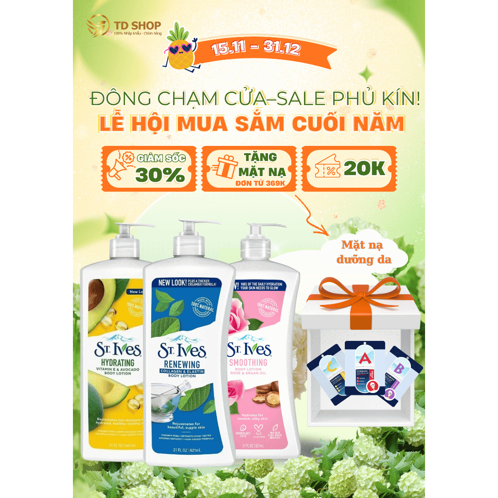   NK Mỹ  Sữa Dưỡng Thể St.Ives 400ml ~ 621ml Vitamin E I Lúa mạch I Collagen | Hoa hồng - TD Shop 