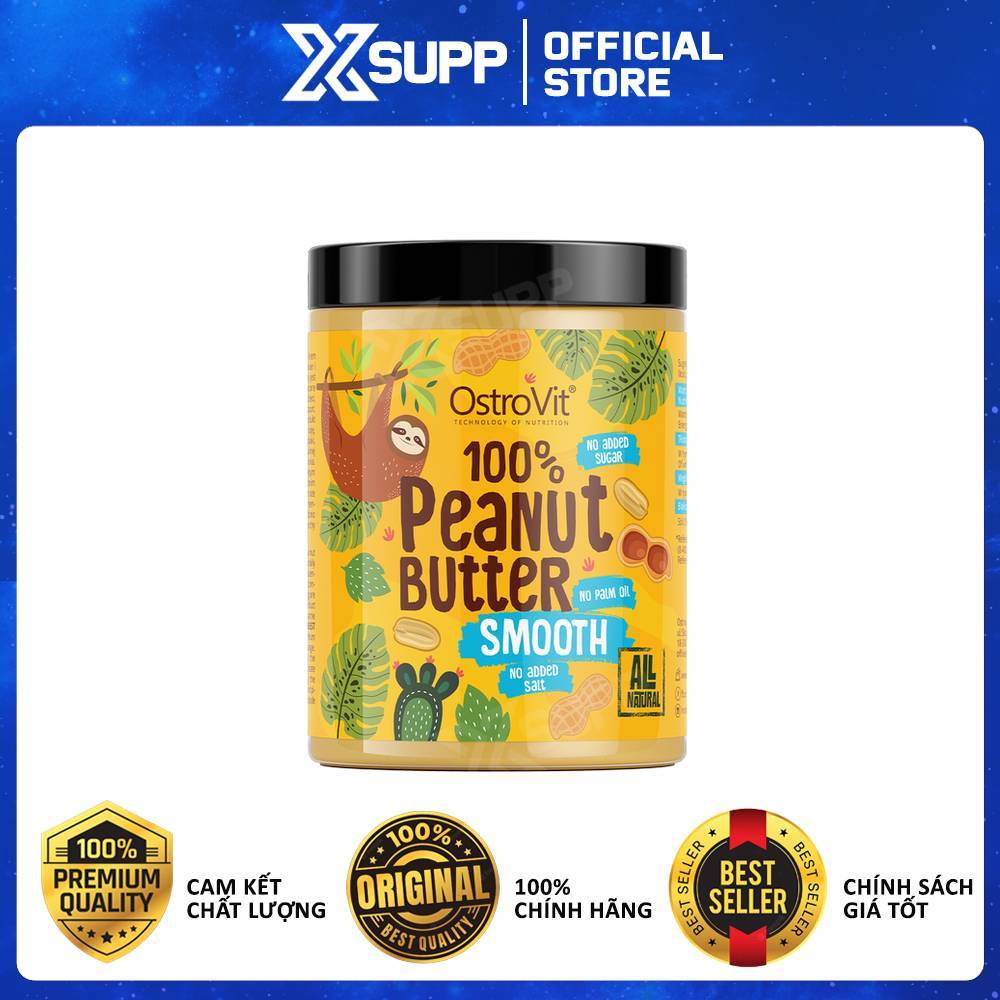 Bơ Đậu Phộng OstroVit Peanut Butter 100% Smooth, 1000g, bổ sung protein