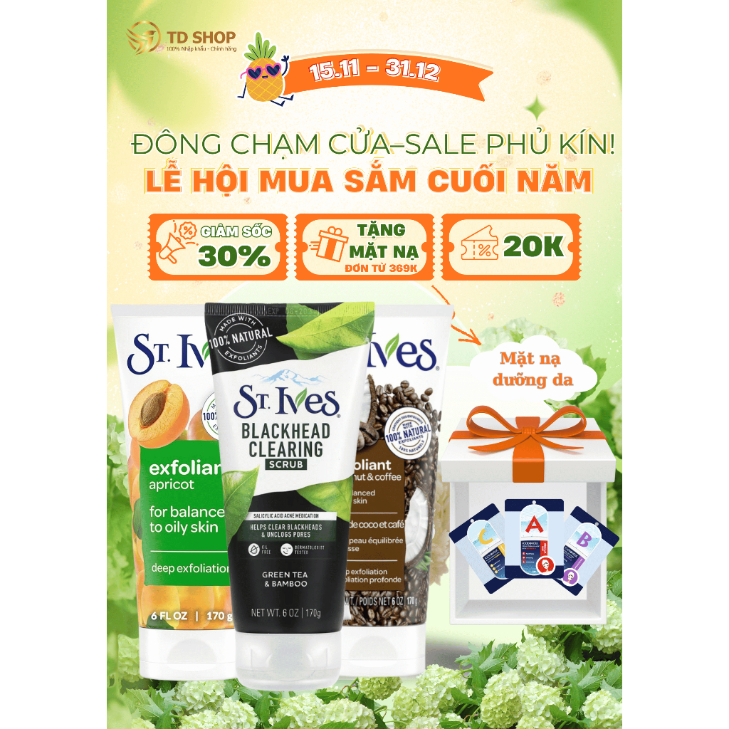 [NK Mỹ/ Thái] Sữa rửa mặt tẩy tế bào chết St.Ives 170g Trà xanh I Cafe & Dừa I Bơ&Mật ong I Hoa hồng - TD Shop