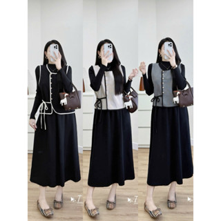  Set váy suông   Quảng Châu   chất len mềm co giãn gồm một váy len + ghile buộc nơ 
