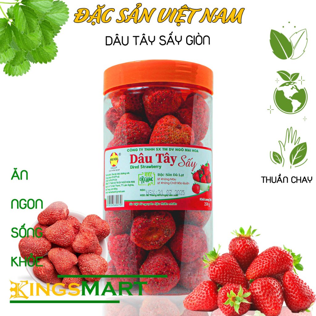 [Thuần chay] - Dâu tây Đà Lạt sấy giòn - Thương hiệu NGÔ MAI HOA - Hũ 150g - Kingsmart thuần chay