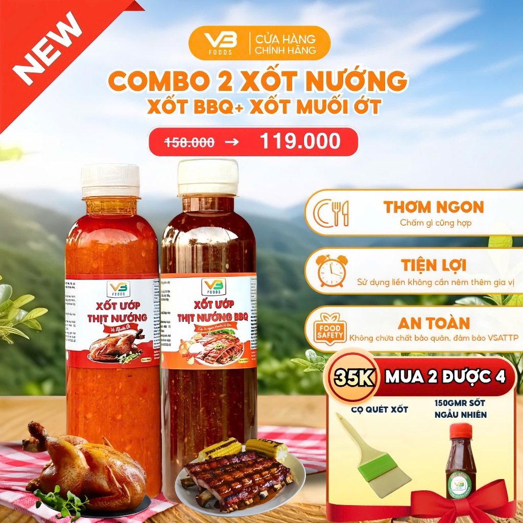COMBO 2 Xốt ướp thịt nướng vị muối ớt VB FOOD (400gr) + Xốt ướp thịt nướng BBQ (400g) trọn vị nhà là