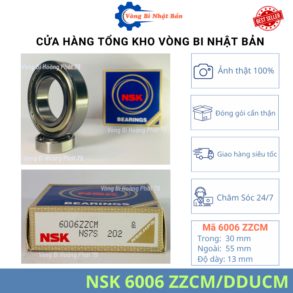 6 VIÊN vòng bi bạc đạn NSK 6006 ZZCM, 6006 DDUCM kích thước 30x55x13 nắp sắt, nắp nhựa chính hãng