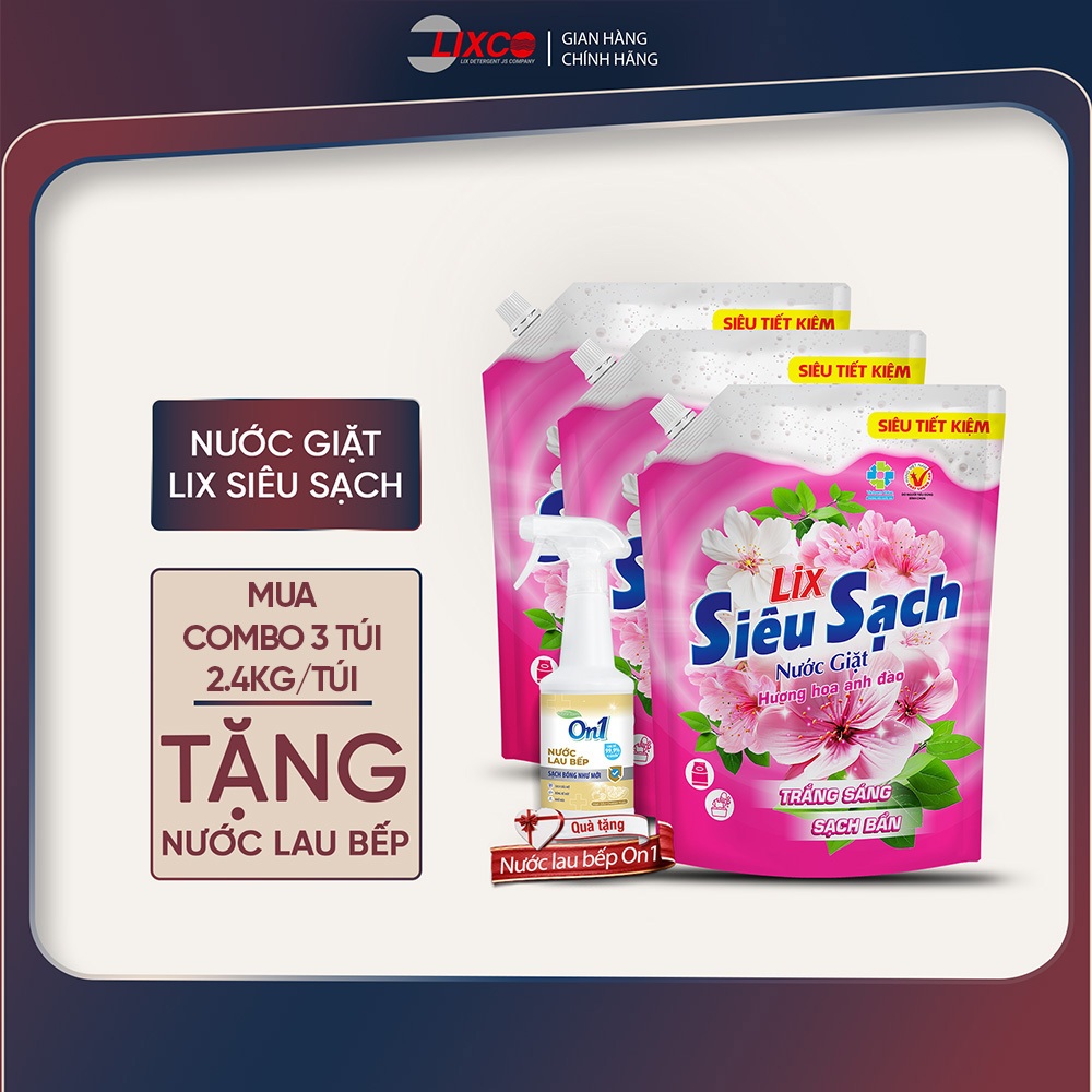 Combo 3 túi nước giặt Lix siêu sạch hương hoa anh đào sạch thơm tặng 1 chai nước lau bếp On1 500ml, 