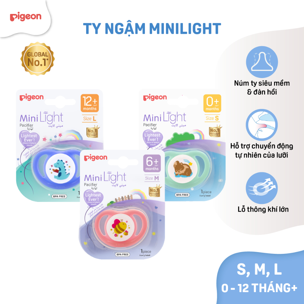 Ti ngậm cho bé Pigeon núm ty siêu mềm siêu nhẹ MiniLight - Ty giả sơ sinh chính hãng size S/M/L