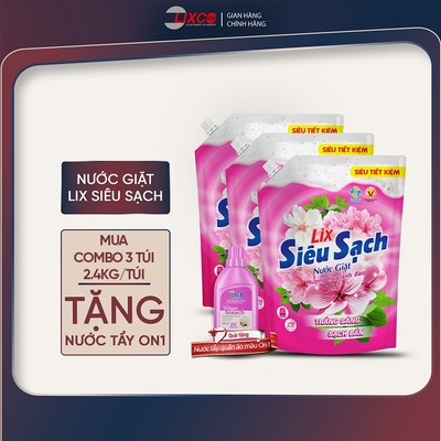Combo 3 túi nước giặt Lix siêu sạch các hương 2.4KG tặng 1 chai nước tẩy quần áo màu 400g/ DD sát khuẩn/ Bột tẩy lồng
