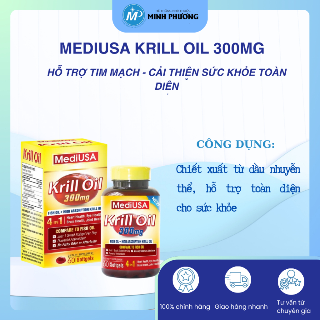 ✅ [CHÍNH HÃNG] MediUSA KRILL OIL 300MG DẦU NHUYỄN THỂ TỐT CHO NÃO BỘ, MẮT VÀ TIM H/60 VIÊN