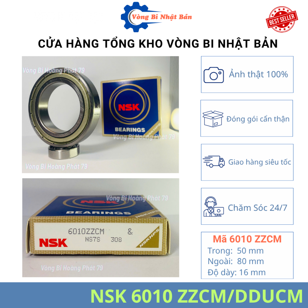5 VIÊN vòng bi bạc đạn NSK 6010 ZZCM, 6010 DDUCM kích thước 50x80x16 nắp sắt, nắp nhựa chính hãng