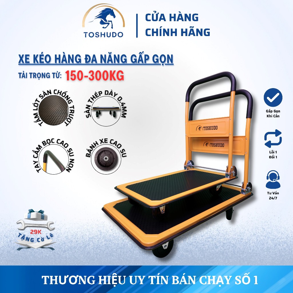 Xe Đẩy Hàng TOSHUDO Sàn Thép Đa Năng Gấp Gọn, Tải Trọng Lớn 150KG - 250KG