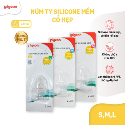 Núm ti Pigeon cổ hẹp mềm đàn hồi chống đầy hơi sặc sữa cho bình sữa chính hãng - núm ty (2 cái/vỉ)