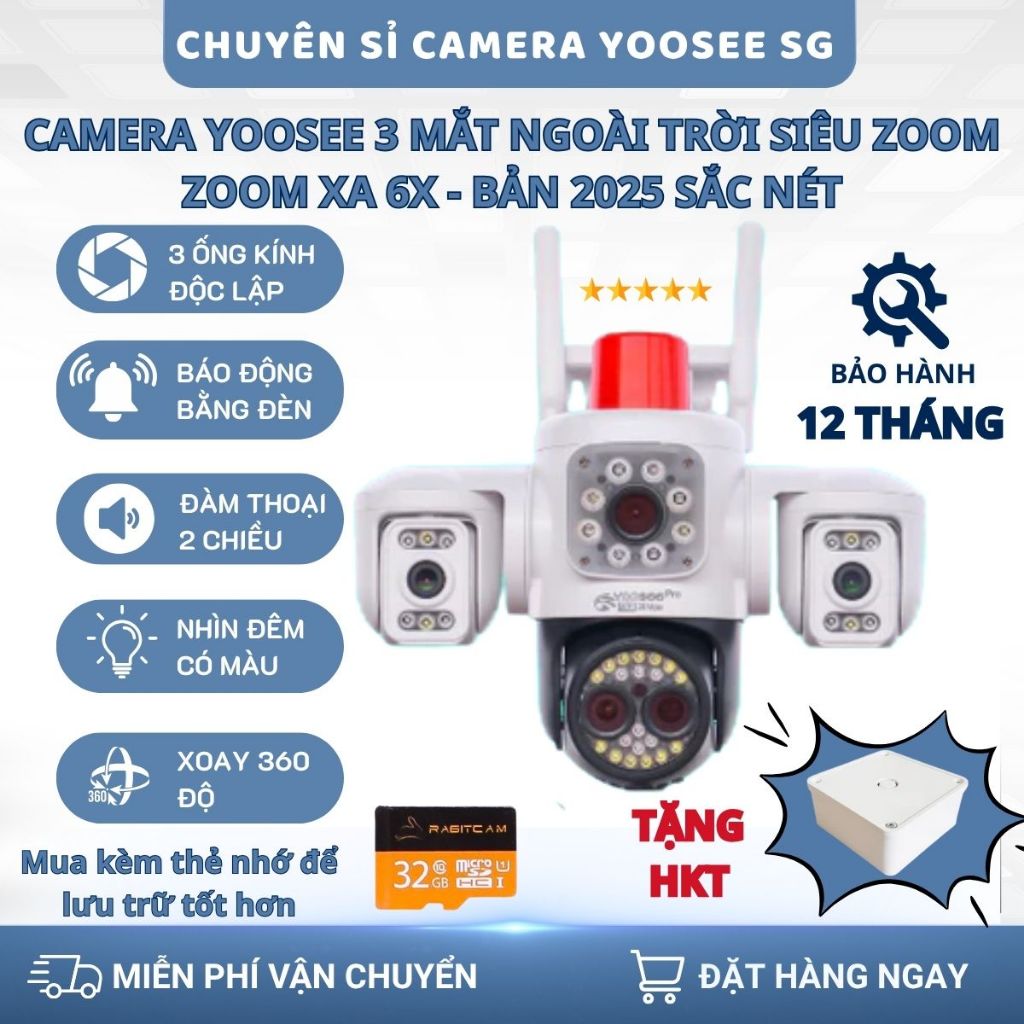 Camera Wifi Ngoài Trời Yoosee 3 Mắt 20MP, Theo Dõi 3 Hướng, Chuẩn IP66 Chống Nước, Bảo Hành 12 Tháng