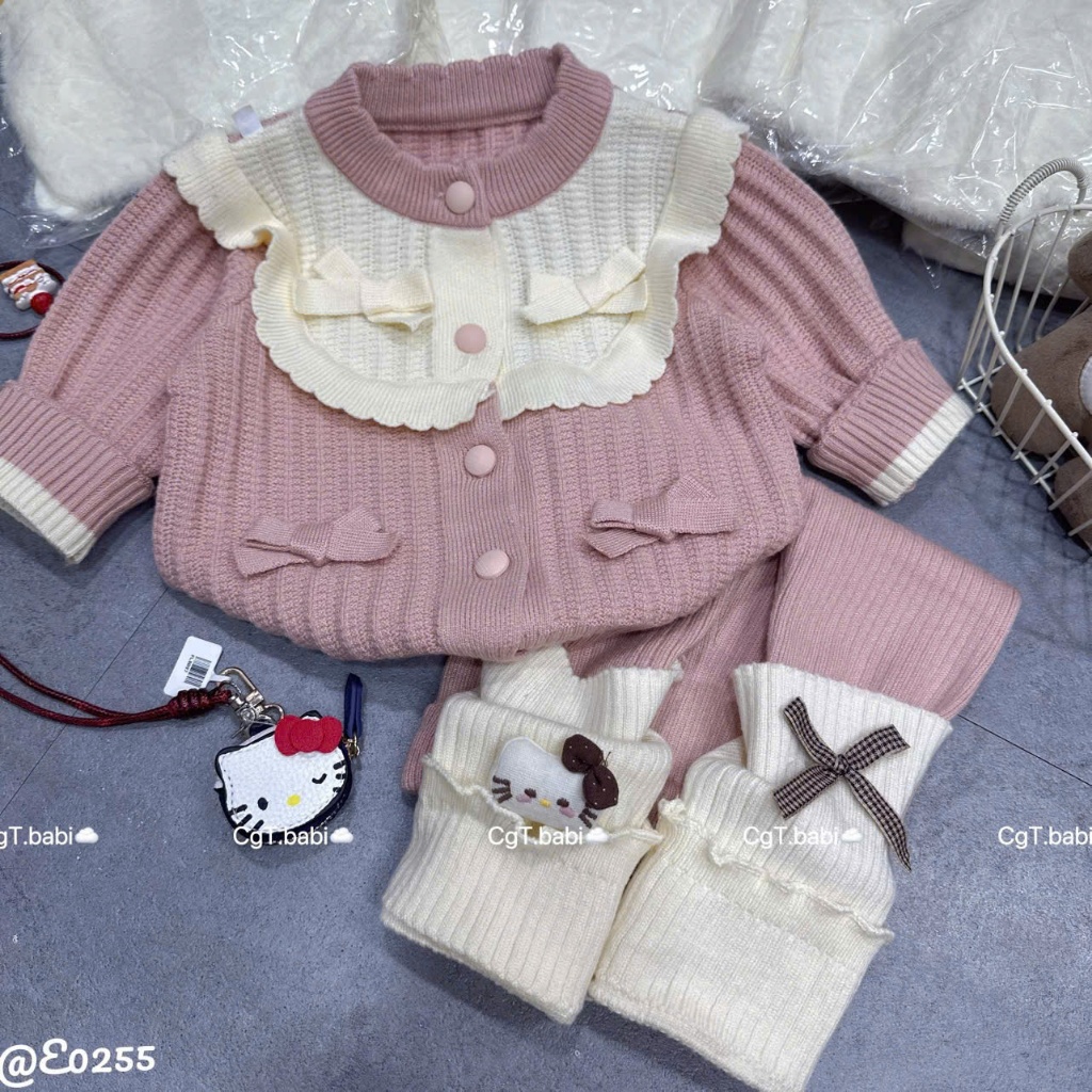 Bộ len bé gái nơ trắng hồng