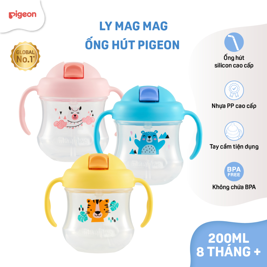 Ly Mag Mag ống hút Pigeon PP bình tập uống nước cho bé từ 8 tháng 200ml chính hãng