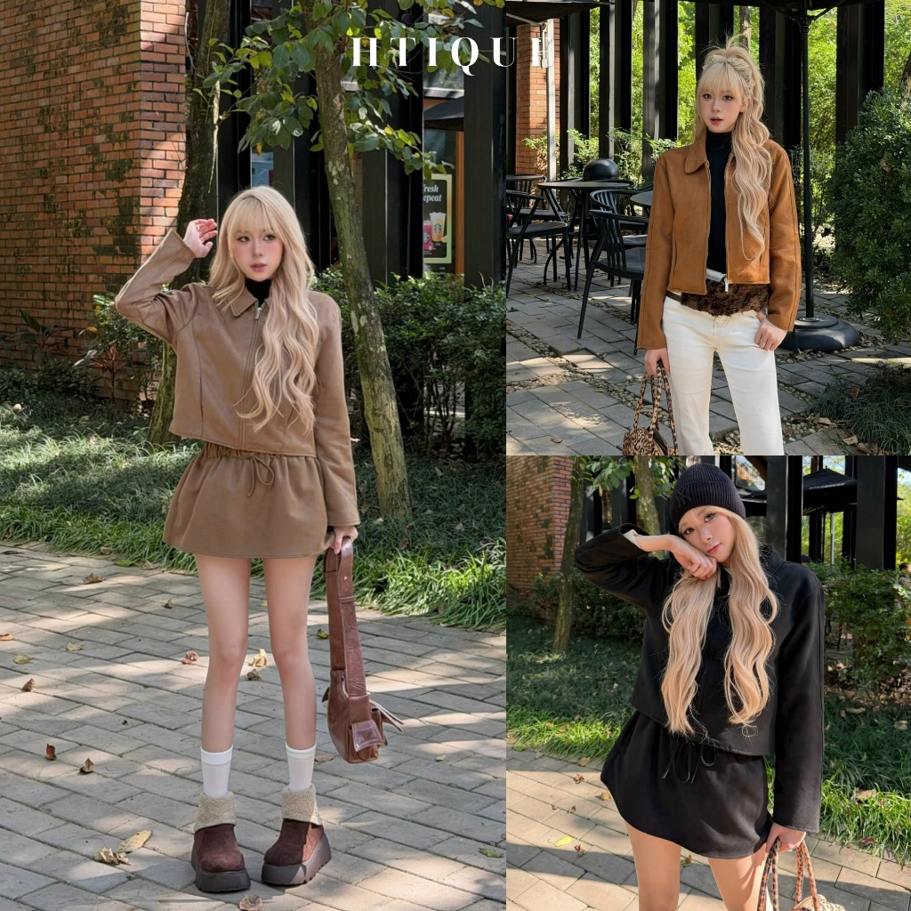 HTIQUE - Áo khoác da lộn basic cá tính, Áo khoác dáng ngắn 3 màu năng động trẻ trung LA24