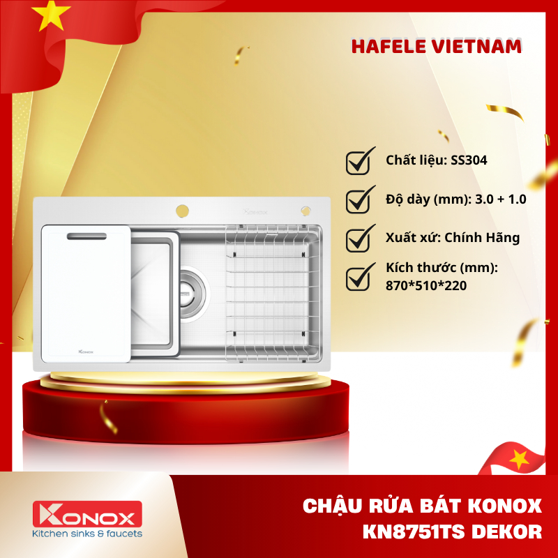 Chậu Rửa Bát 1 Hố Konox KN8751TS Dekor – Chống Xước - Siphon Chữ N - FEM
