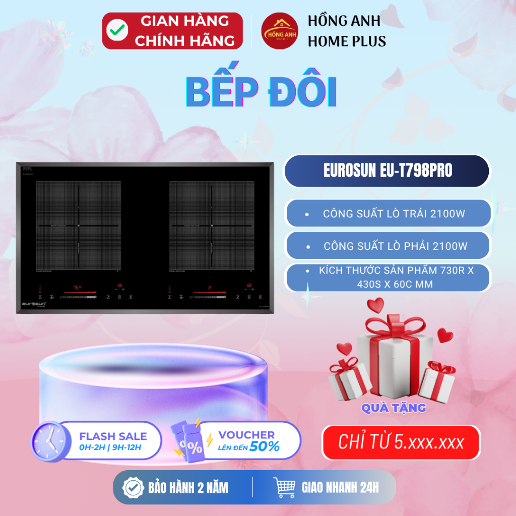 Bếp từ đôi thông minh Eurosun EU T798Pro, mặt kính Schott Ceran, Malaysia vát cạnh bo viền, hợp kim