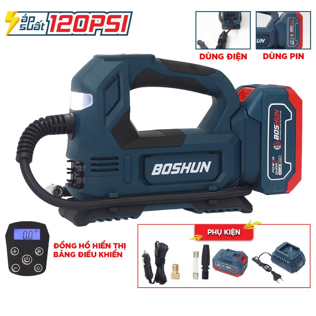 Máy Bơm Hơi Điện/ Pin Boshun BS-BH120 Công Suất 120W,  Màn Hình Led, Áp Suất Tối Đa 120 PSI, bh chín