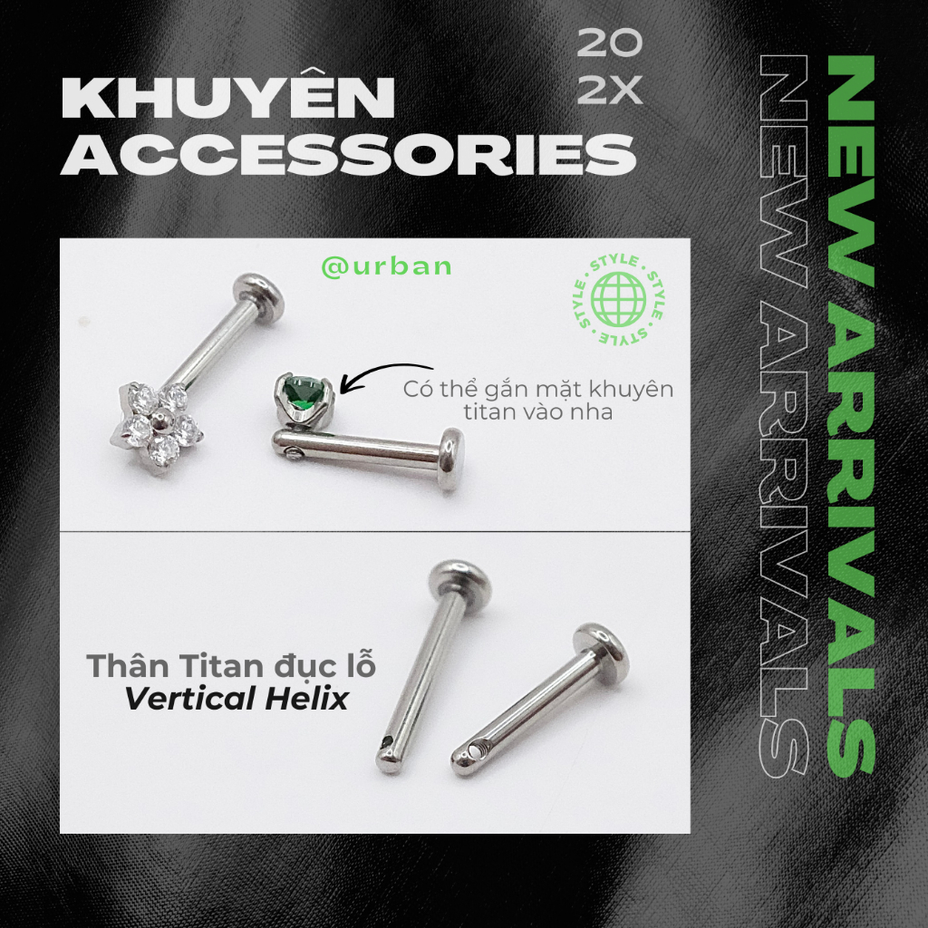 [1 Chiếc] Khuyên tai, chất liệu titan G23 F-136 THÂN KHUYÊN Vertical đục lỗ ren 0.9mm urban  [XỎ]