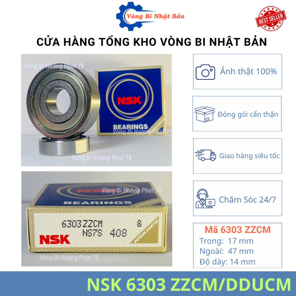 6 VIÊN Vòng Bi NSK 6303 ZZCM/DDUCM Nhật Bản – 17x47x14mm – Hàng Chuẩn, Chịu Tải, Thay Thế Motor