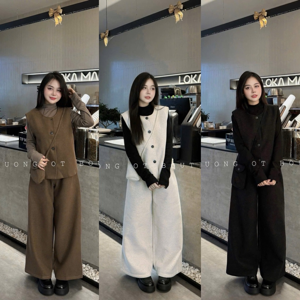 [S2.4226] Set Dạ Ép Qc 4 Món Dày Dặn Áo Len Cổ Lọ Mix Gile Dạ +Quần Suông Ống Rộng + Túi Đeo Chéo 3 Màu(cạp chun)