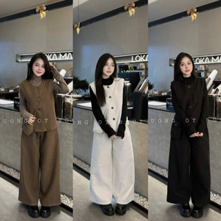   S2.4226  Set Dạ Ép Qc 4 Món Dày Dặn Áo Len Cổ Lọ Mix Gile Dạ +Quần Suông Ống Rộng + Túi Đeo Chéo 3 Màu cạp chun  