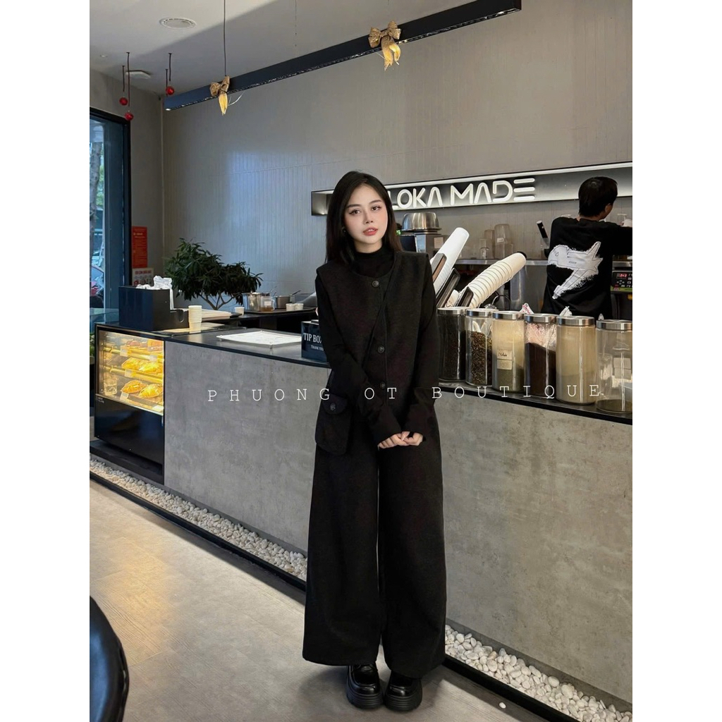 [S2.4226] Set Dạ Ép Qc 4 Món Dày Dặn Áo Len Cổ Lọ Mix Gile Dạ +Quần Suông Ống Rộng + Túi Đeo Chéo 3 Màu(cạp chun) | BigBuy360 - bigbuy360.vn