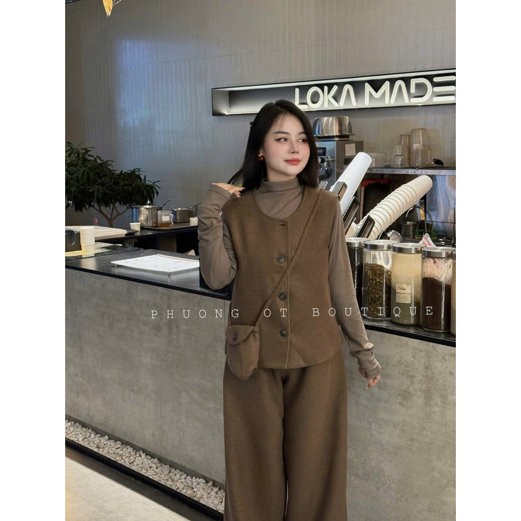 [S2.4226] Set Dạ Ép Qc 4 Món Dày Dặn Áo Len Cổ Lọ Mix Gile Dạ +Quần Suông Ống Rộng + Túi Đeo Chéo 3 Màu(cạp chun) | BigBuy360 - bigbuy360.vn